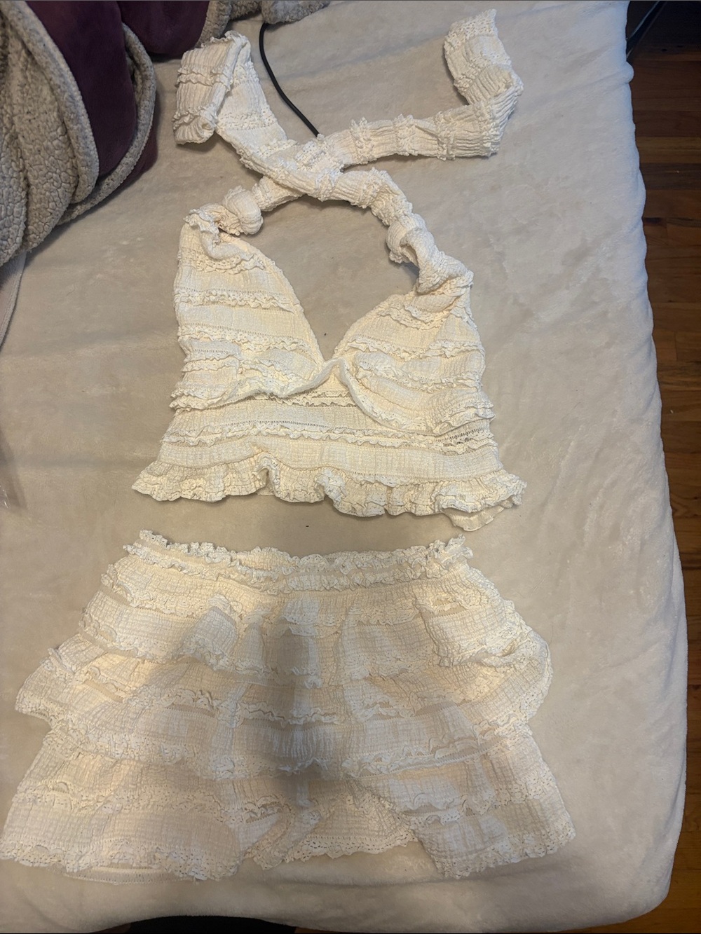SHEIN Ivory Ruffle Halter Bralette & Tiered Mini Skirt Set
